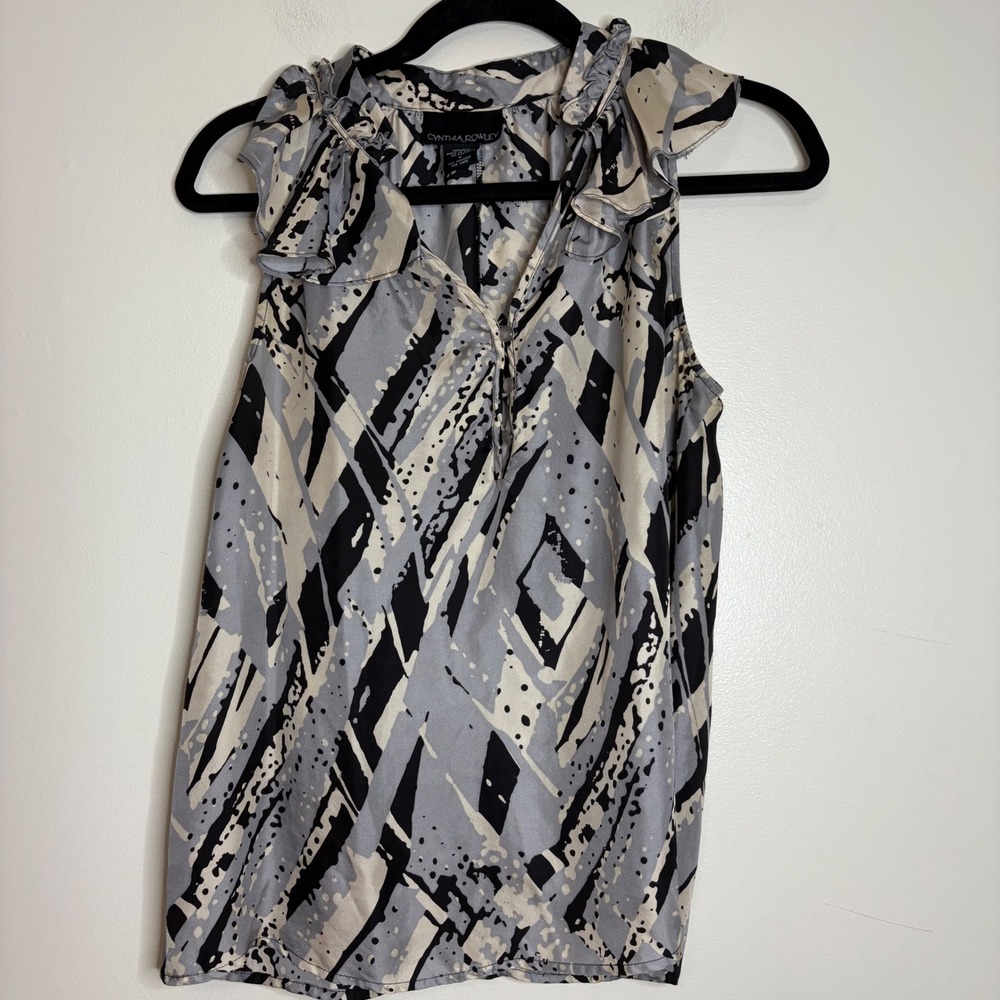 Cynthia Rowley Silk Abstract Print Ruffle Neck Sleeveless Blouse Top Women's S